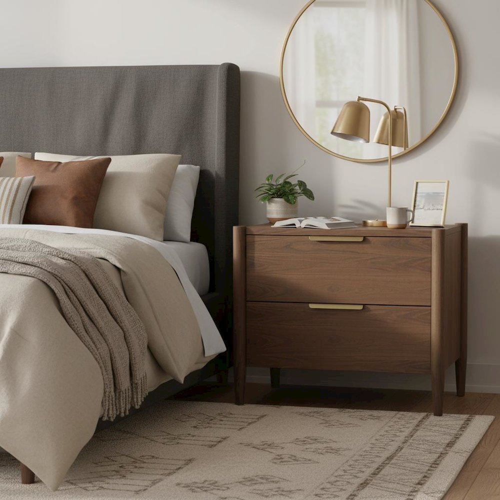 Walnut Nightstand with Drawer Rubberwood Solids Oak Veneer Modern Design