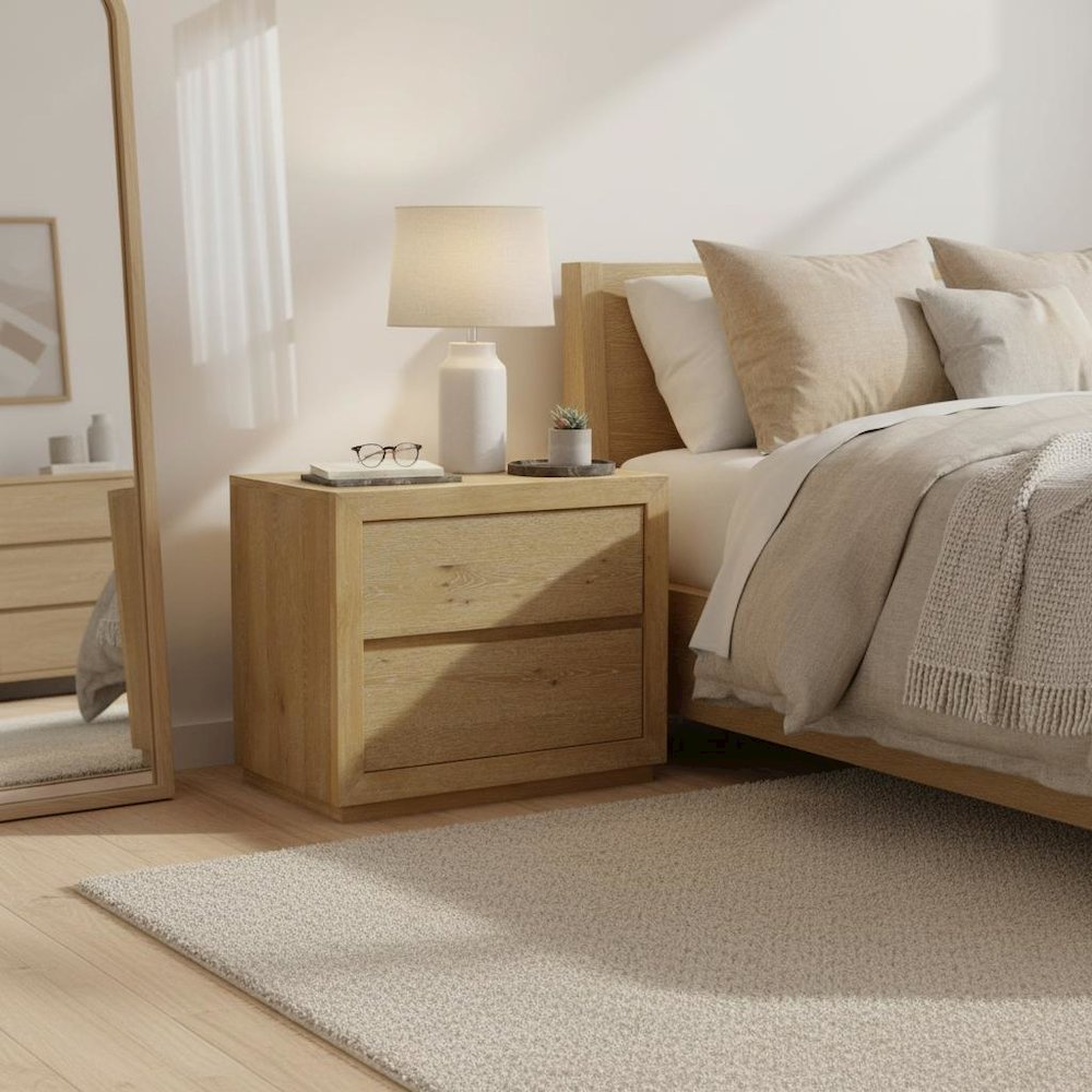 Two Drawer Nightstand in Warm Wood Tone with Solid Rubberwood and Oak Veneer