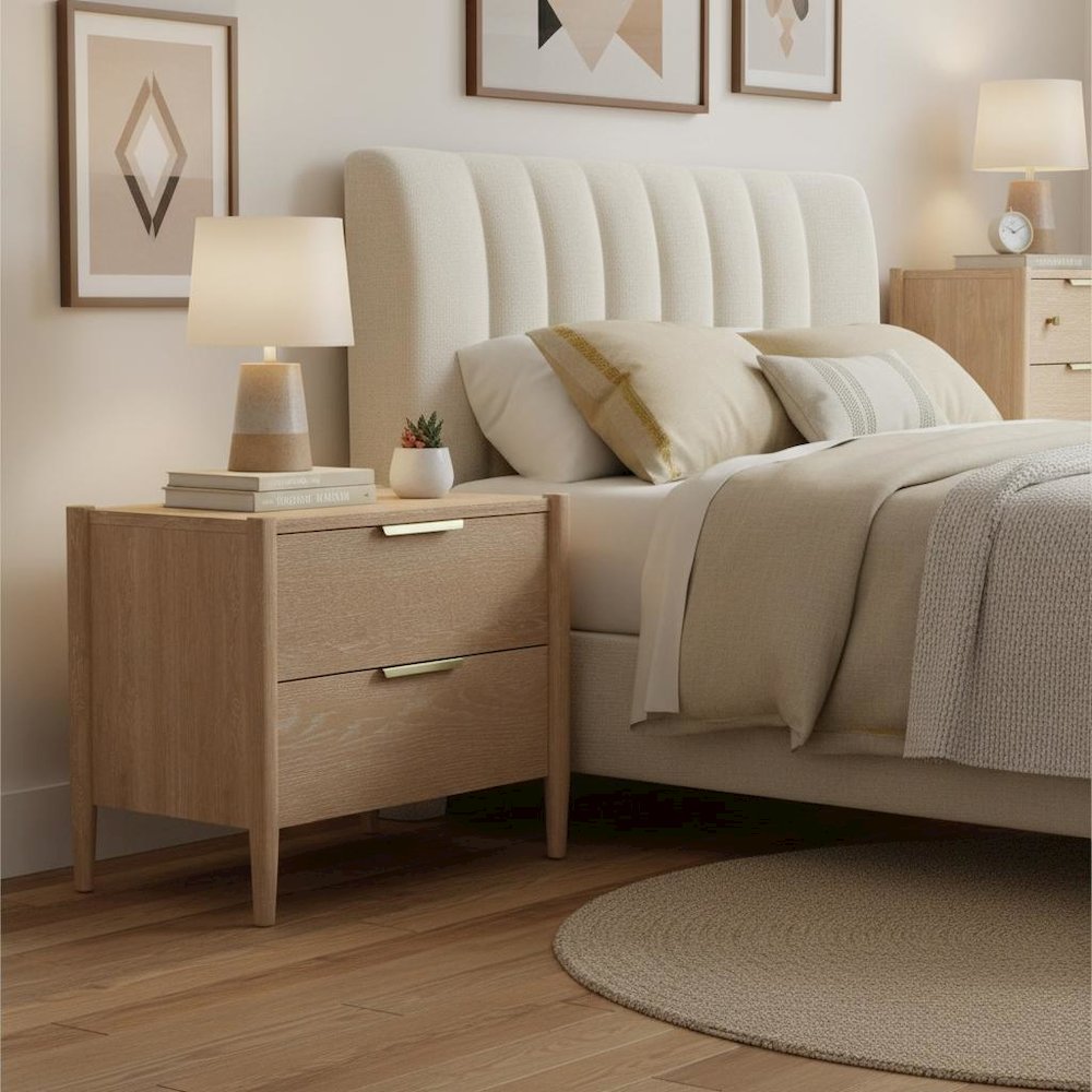 Light-Tone Rubberwood Nightstand with Oak Veneer and Modern Drawer Design