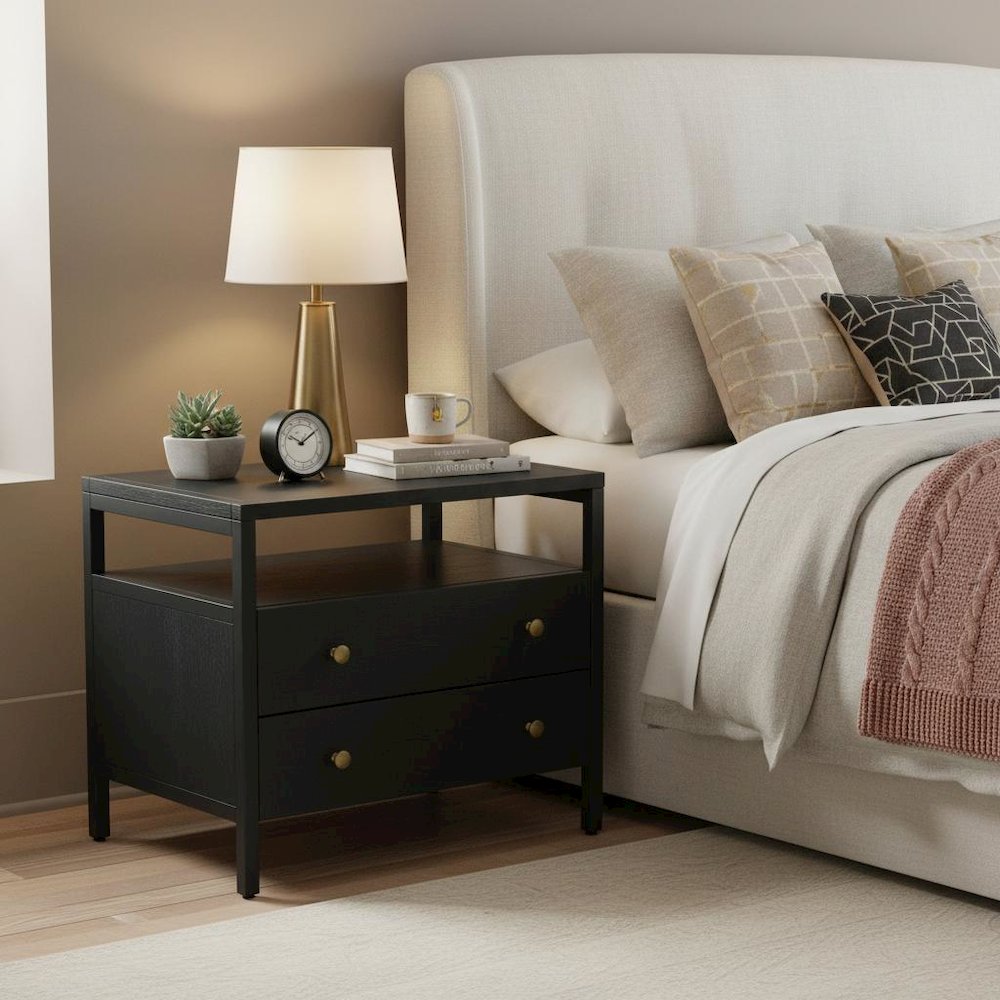 Black Modern Farmhouse Nightstand with Drawer Rubberwood Solids Oak Veneer