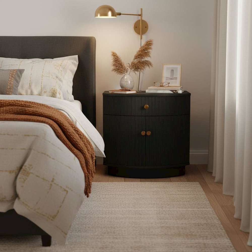 Black Modern Contemporary Nightstand with Drawer and Bottom Shelf Rubberwood