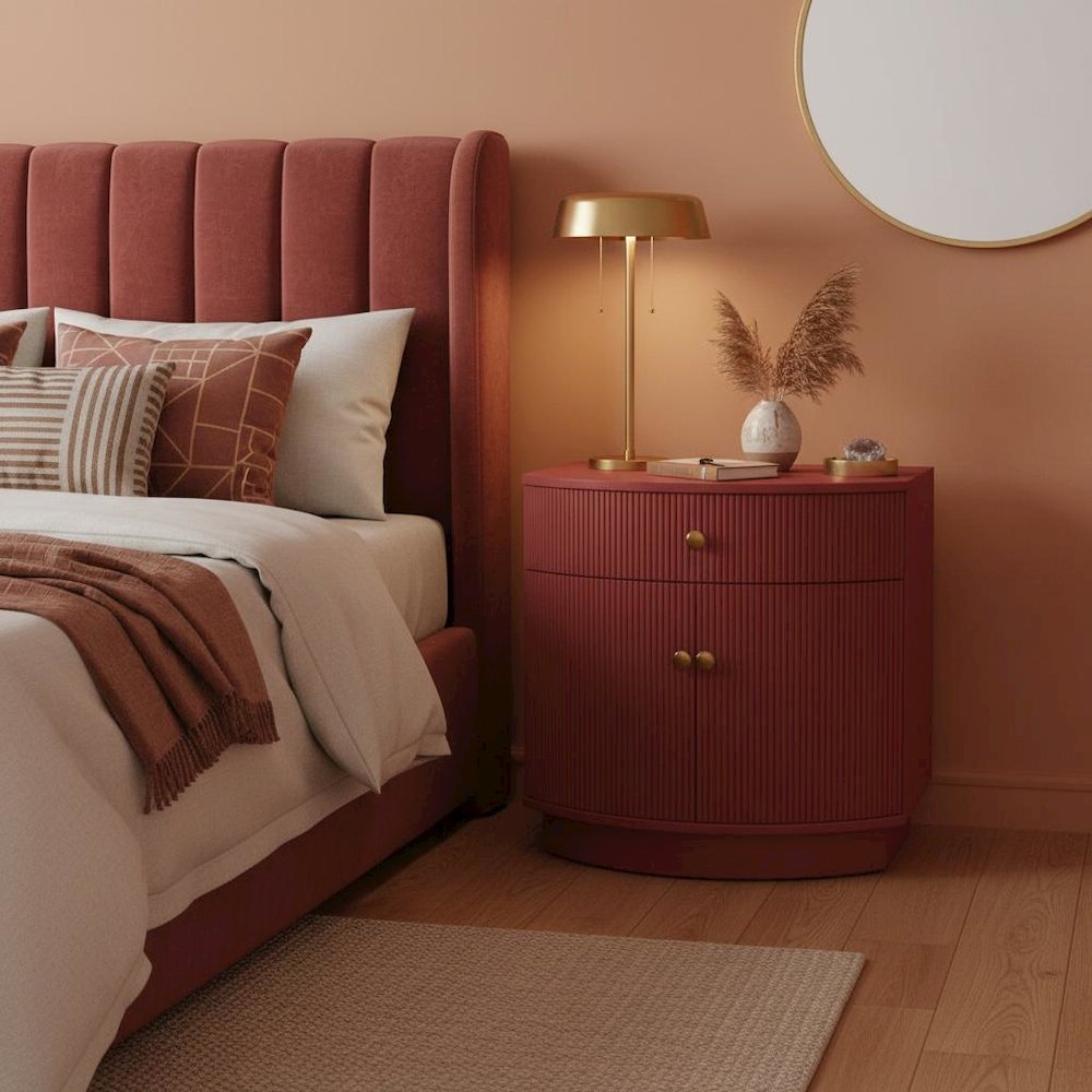Burgundy Modern Contemporary Nightstand with Bottom Shelf and Drawer Storage