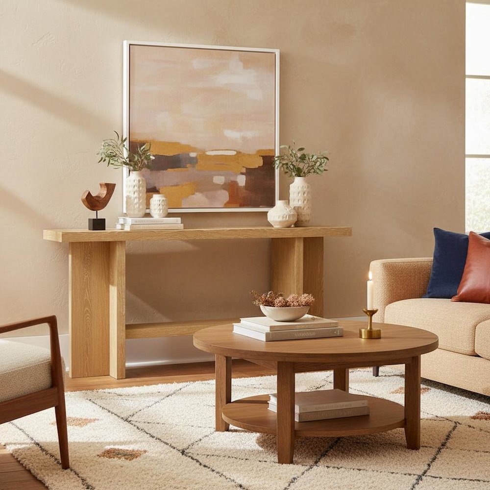 Console Table Warm Wood Finish Modern Rustic Design Single Piece Stand