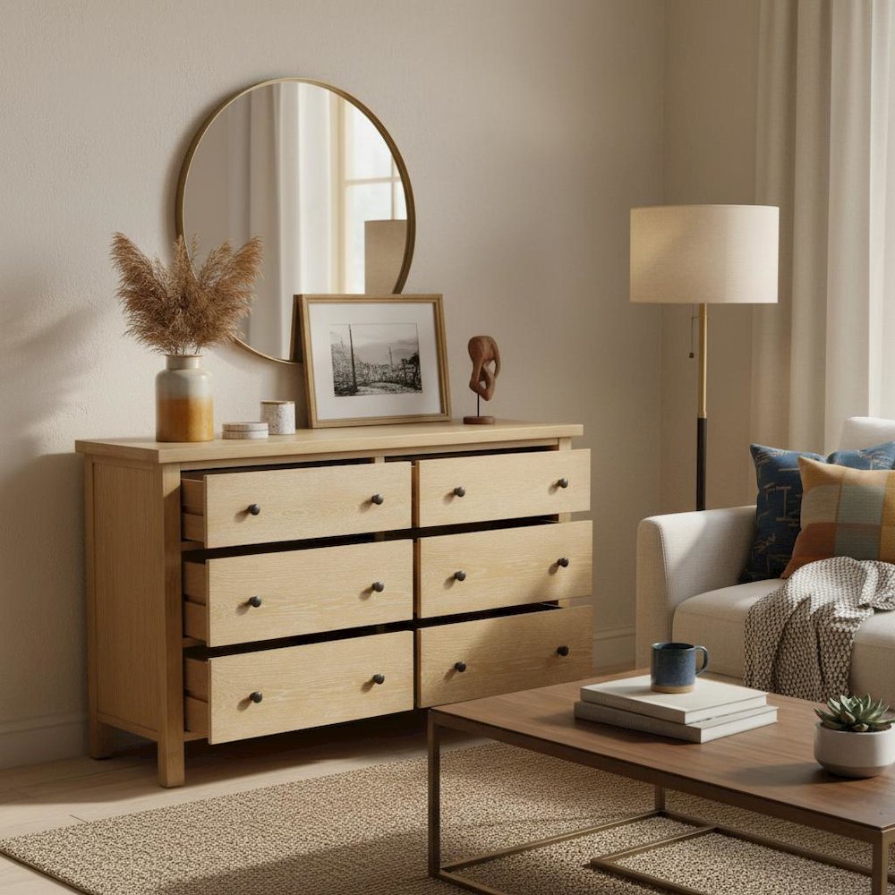 Six Drawer Dresser in Neutral Finish with Modern Farmhouse Style