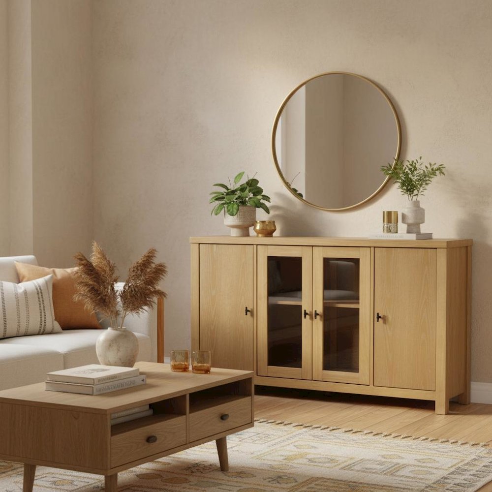 Glass and Wood Sideboard with Left and Right Cabinet Storage Farmhouse Design