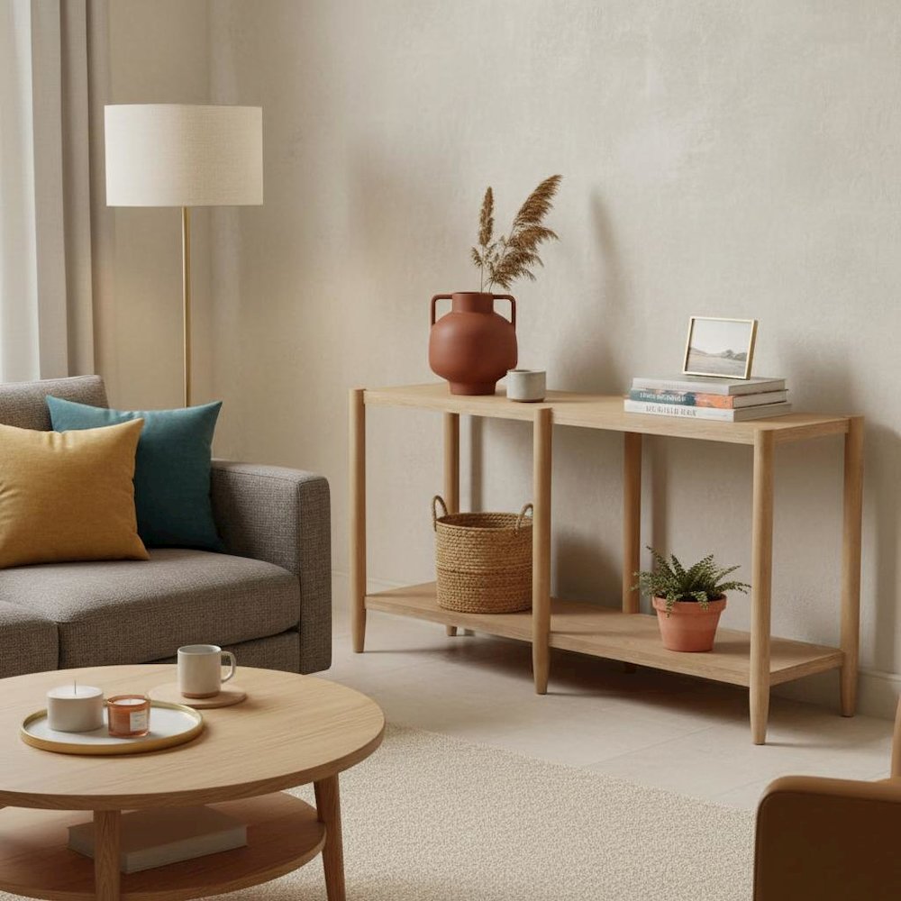 Light Wood Finish Console Table with Modern Contemporary Design and Stable Base