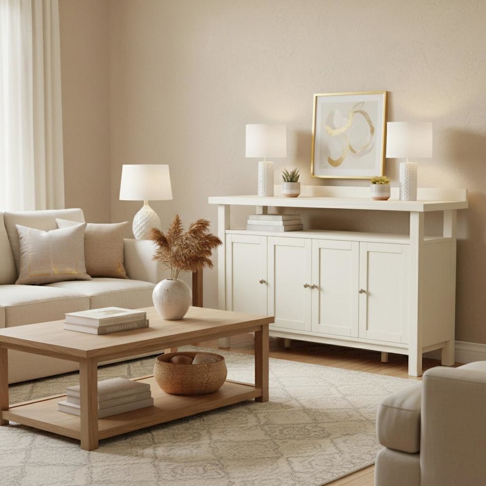 Sideboard with Open Shelf Modern Farmhouse Style Sturdy Storage