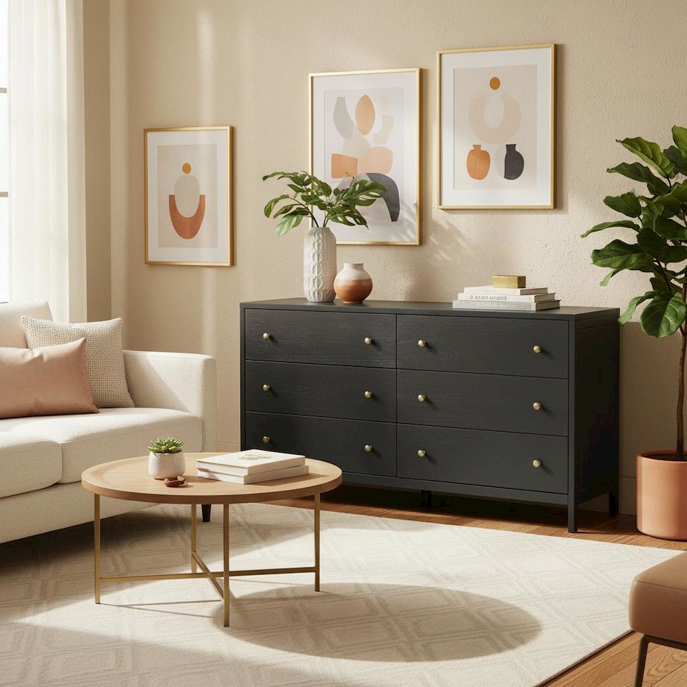 Black Modern Farmhouse Dresser with Spacious Drawers and Sleek Design