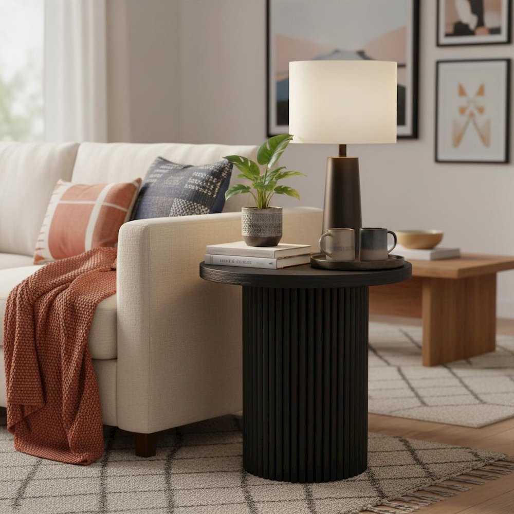Black Round End Table with Modern Design and Thick Tabletop
