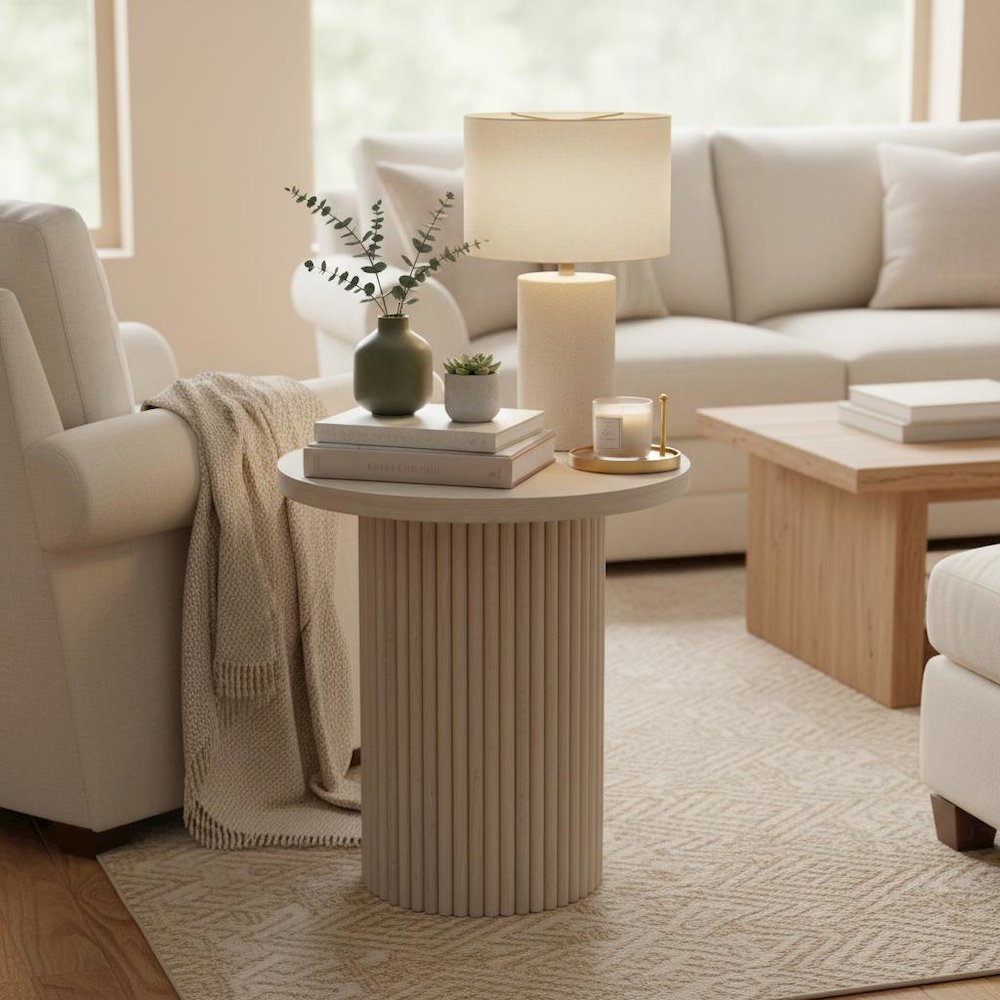 White Wash Round End Table with Modern Design and Sturdy Construction