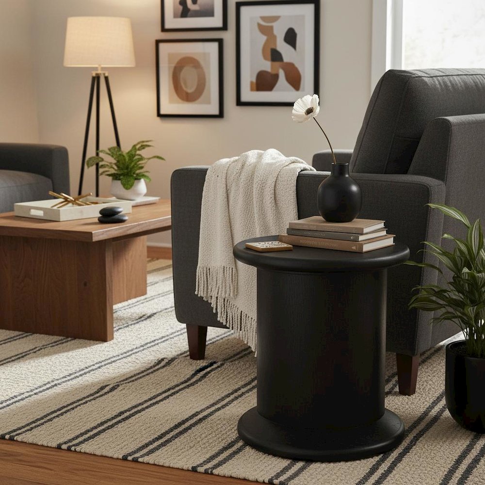 Black Modern End Table with Bottom Shelf and Curved Middle Area