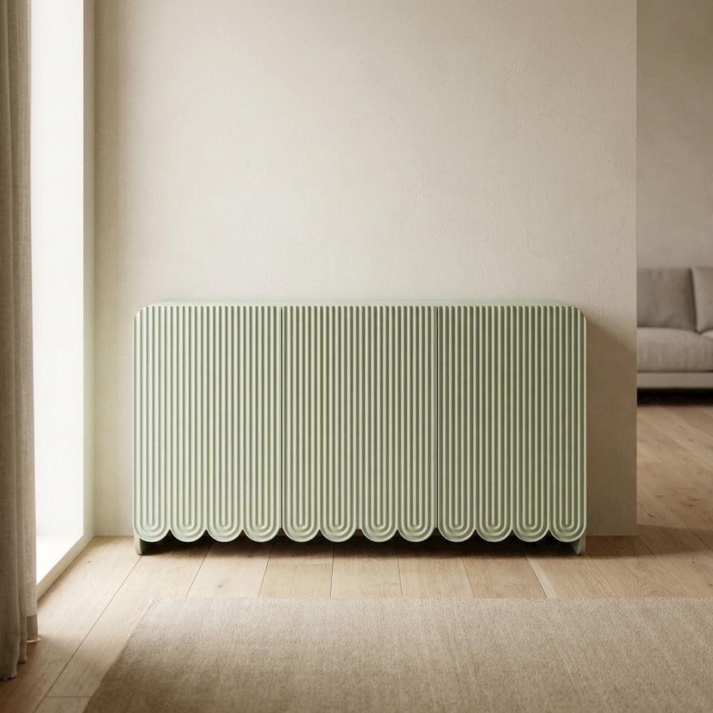Scalloped And Fluted Storage Cabinet With Elegant Design In Neutral Finish