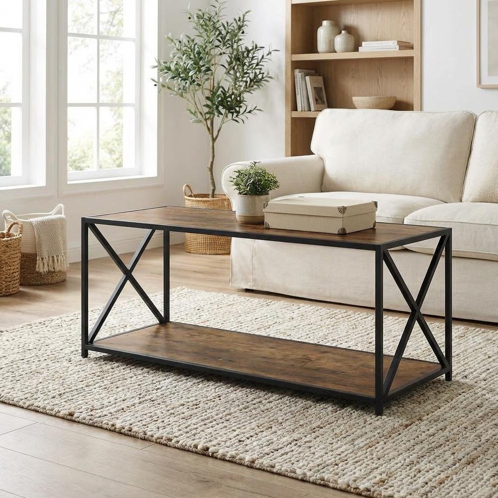 Barnwood Black Coffee Table with Shelf and Particle Board Surface, Living Room
