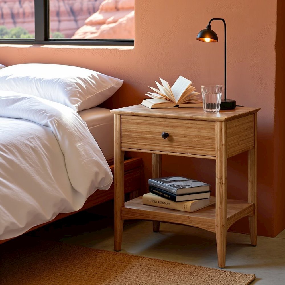 Caramelized Bamboo Nightstand with 1 Drawer – Minimalist Wood Side Table