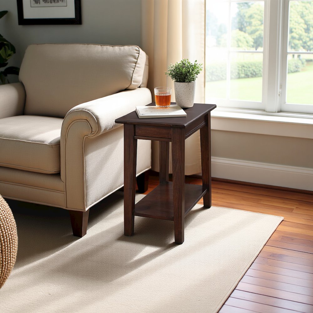 Brown Rectangular Chairside Table, 24 Inch Mahogany Side Table with Shelf
