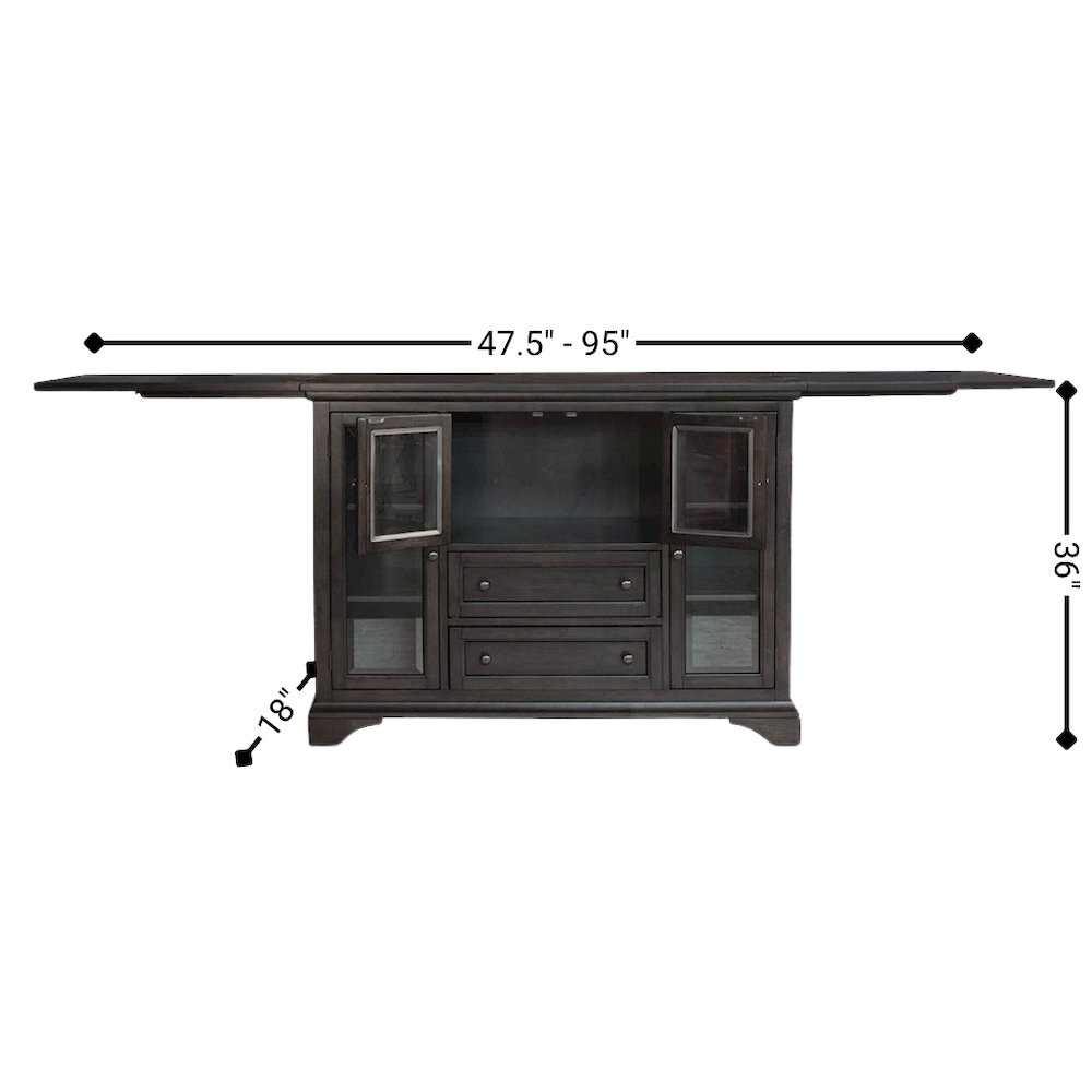 Gray Flip-Top Server Buffet Cabinet with Glass Doors and Drop Leaf Feature