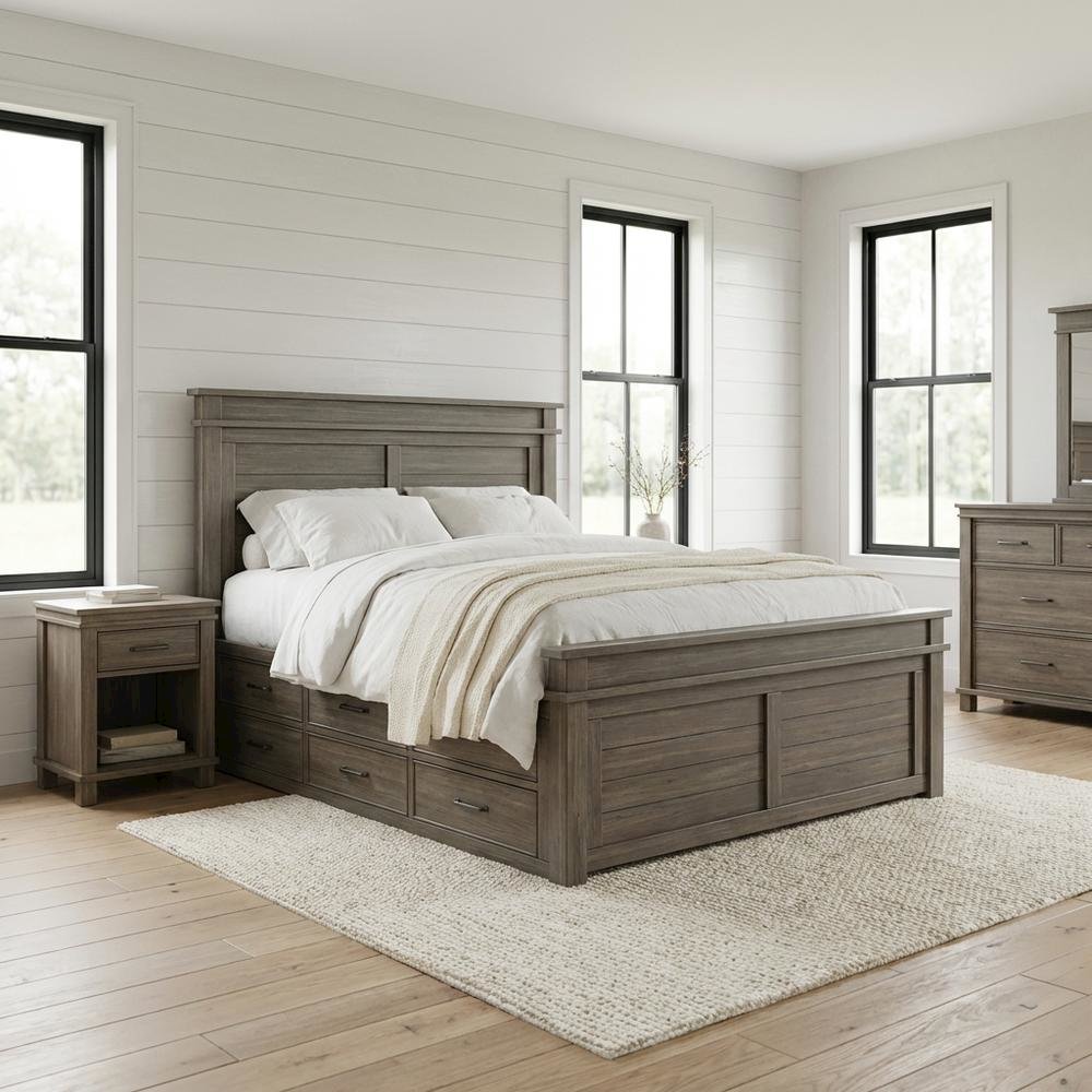 King Platform Bed with Grey Finish and Solid New Zealand Pine Craftsman Style