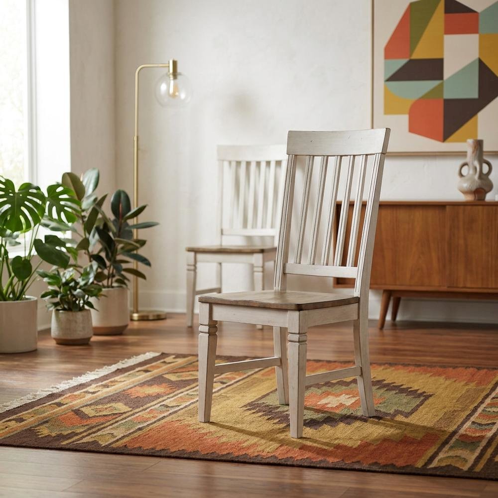 Smokey White & Peppercorn Side Chair with Slatback Design and Wooden Seat