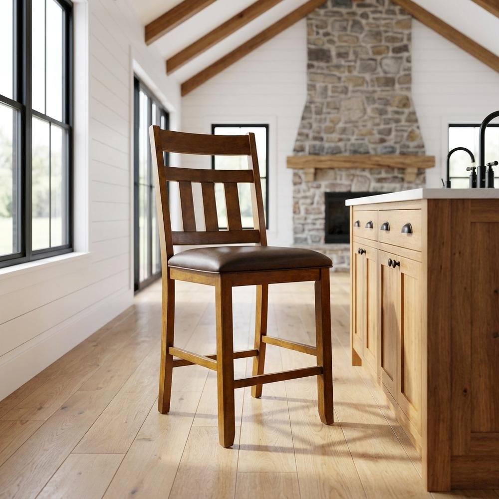 Mango Upholstered Slatback Dining Stool Set with Faux Leather Seat