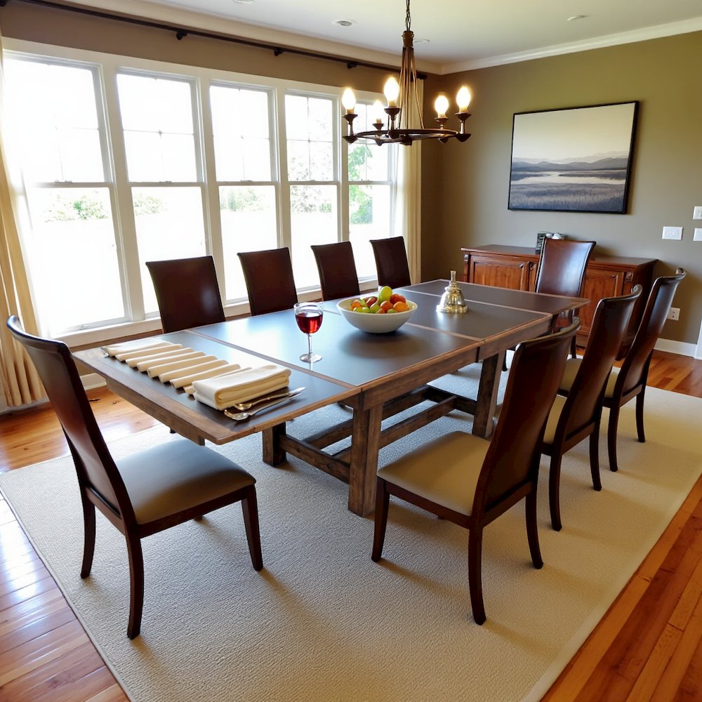 Brown Extendable Trestle Dining Table with Leaf, Rustic Table for 8