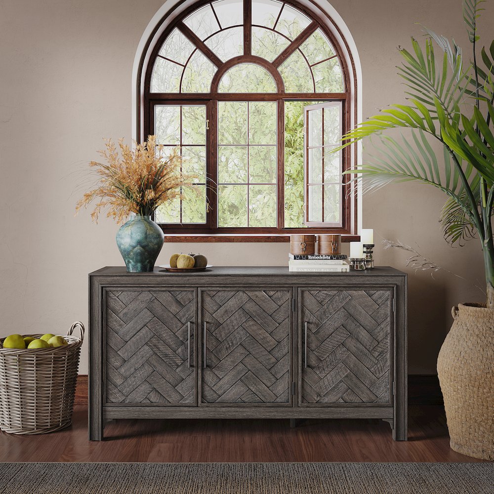 Gramercy Mid-Century Modern Chevron Three Door 60" Accent Cabinet