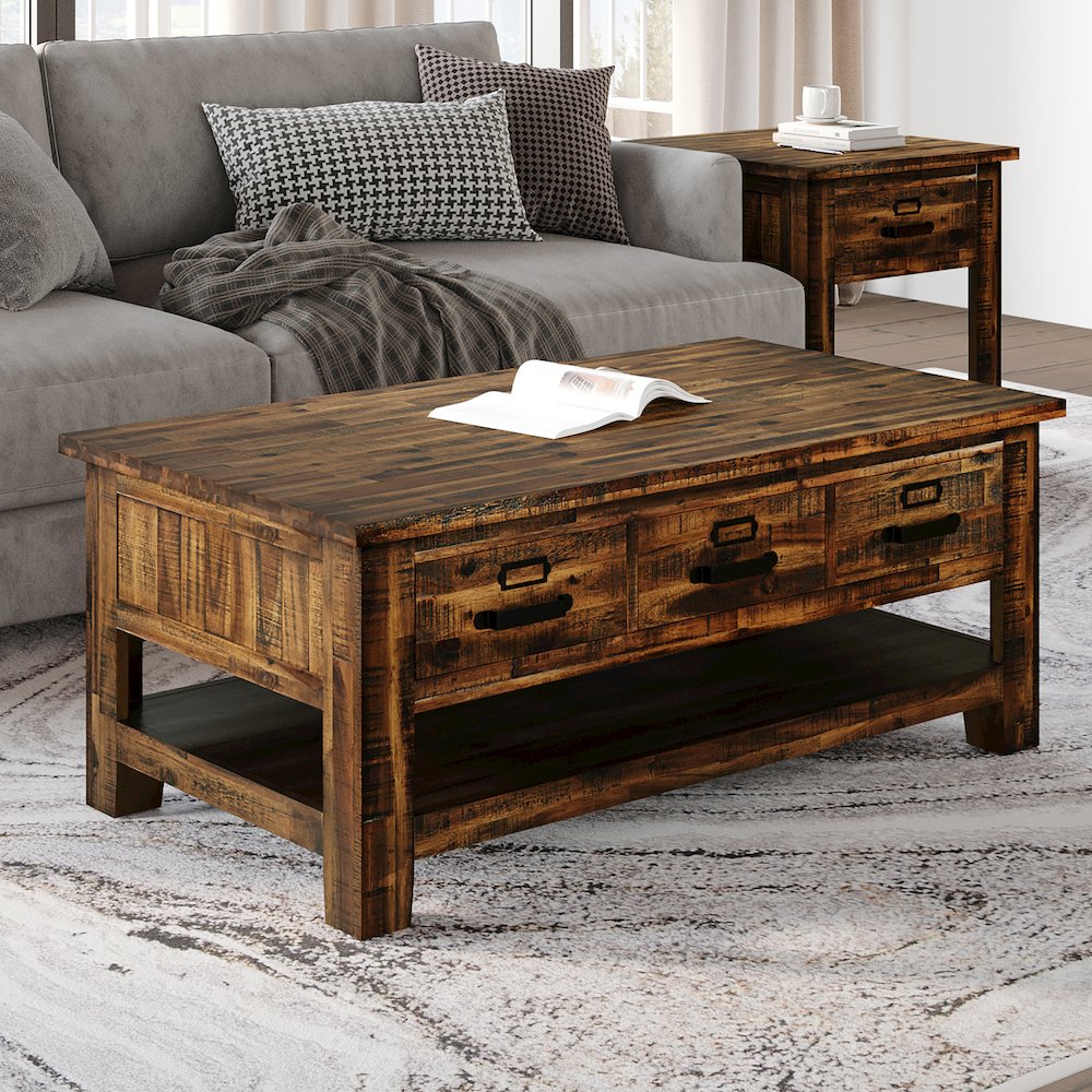 Cannon Valley Distressed Industrial Three Drawer 48" Coffee Table