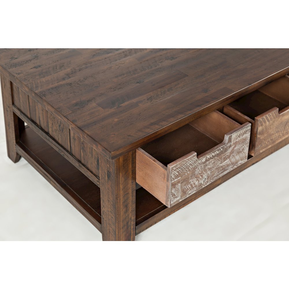 Rustic Solid Acacia 50" Coffee Table with Pull Through Drawers and Caster Wheels