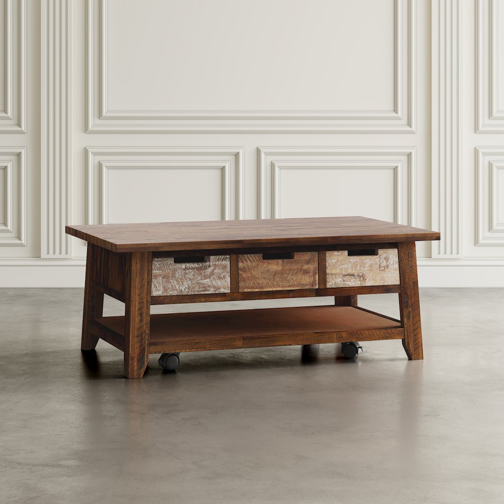 Rustic Solid Acacia 50" Coffee Table with Pull Through Drawers and Caster Wheels