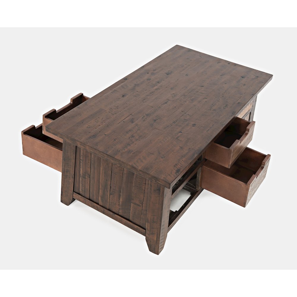 Rustic Solid Acacia Box Coffee Table with Pull-Through Drawers and Caster Wheels