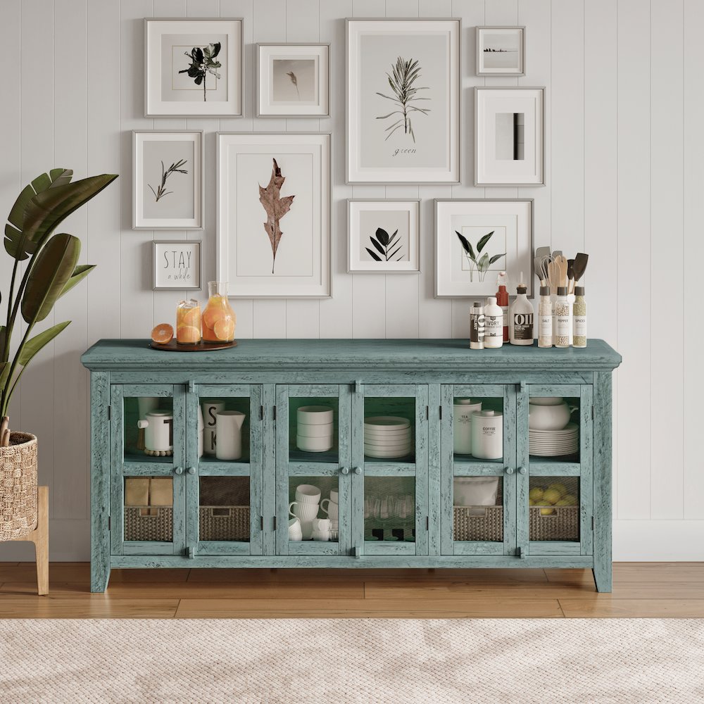 Rustic Shores 70" Coastal Distressed Acacia Six-Door Sideboard Cabinet