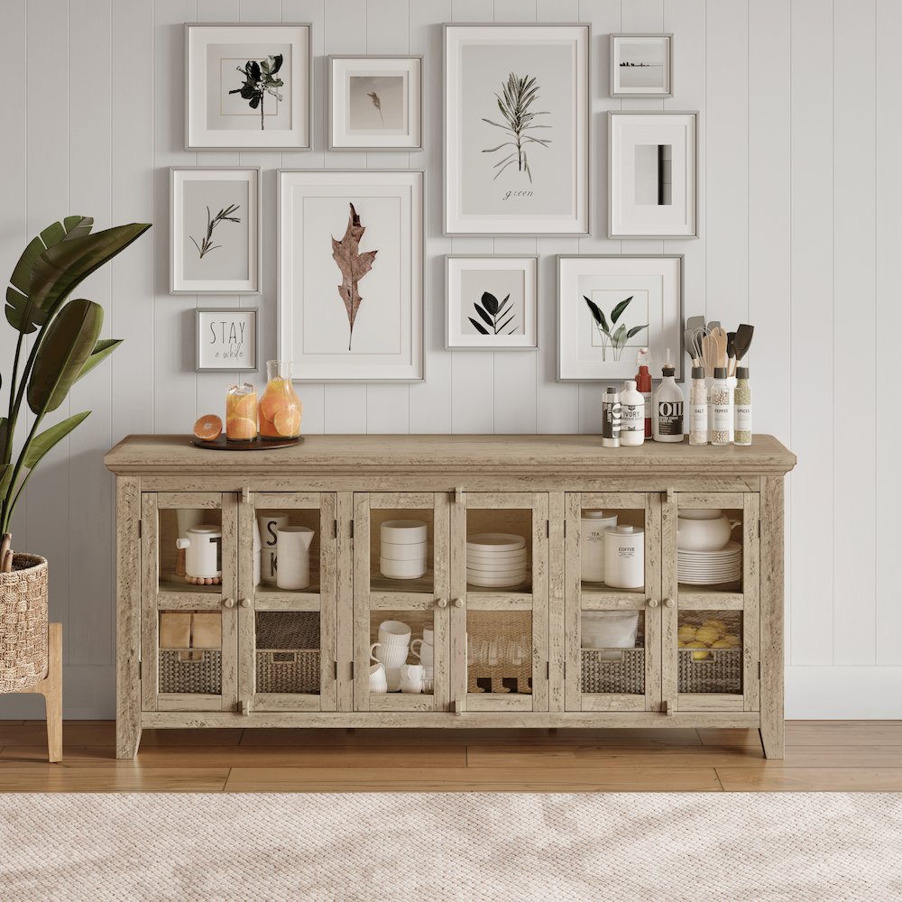 Rustic Shores 70" Coastal Distressed Acacia Six-Door Sideboard Cabinet