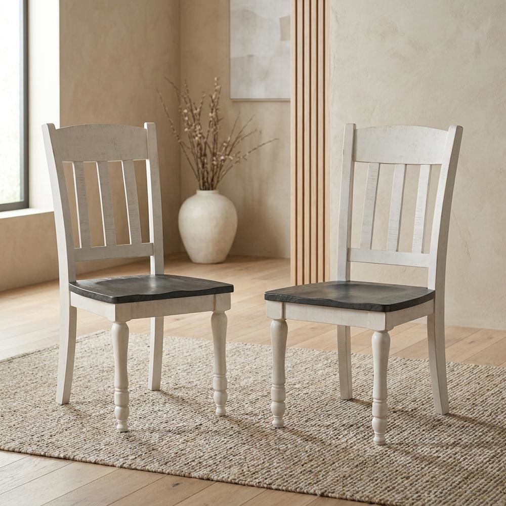 Pine Wood Rustic Slatback Farmhouse Dining Chairs, Vintage White, Set of 2