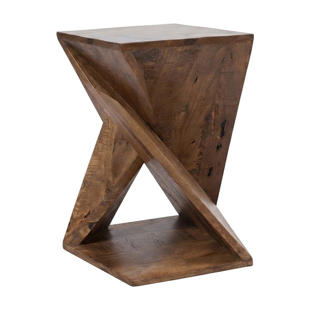Solid Mango Hardwood Modern Angled End Table, Distressed Finish, Amber