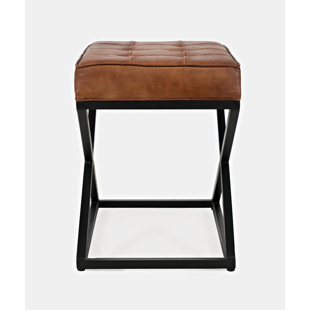 Distressed Brown Genuine Leather Ottoman Stool with Metal and MDF Base