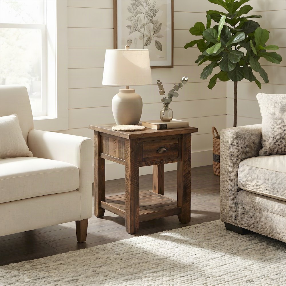 Solid Acacia Wood Distressed Farmhouse Chairside Table with Drawer, Dakota Oak