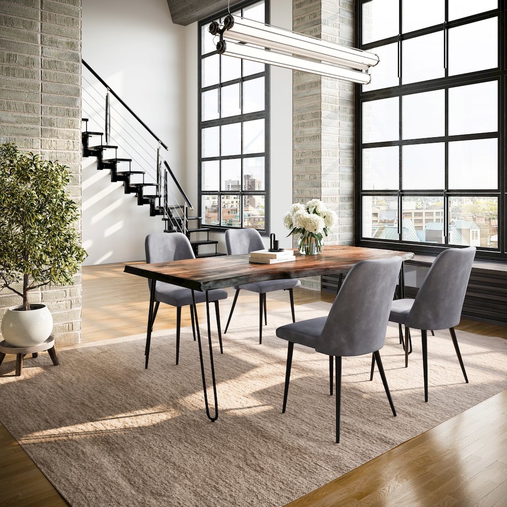Five Piece Solid Acacia Dining Set with Upholstered Mid-Century Modern Chairs