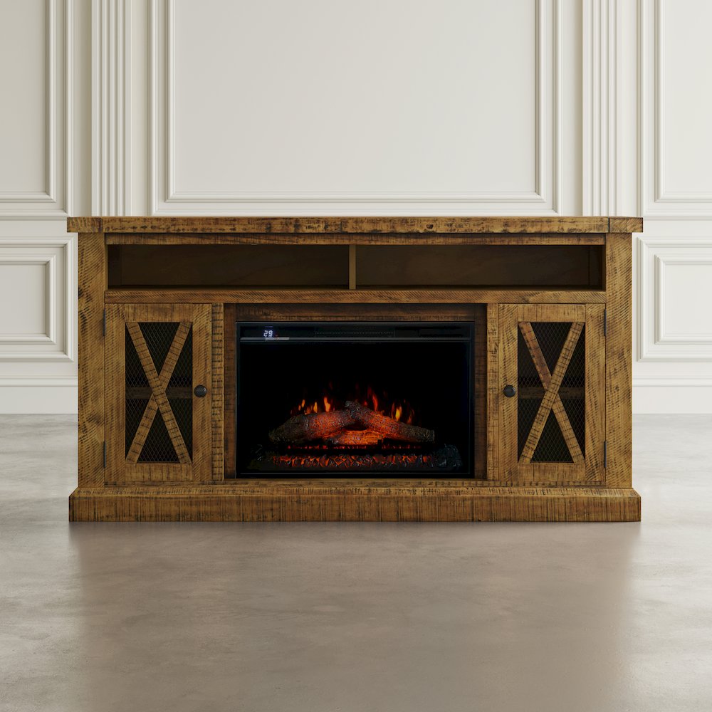 Rustic Farmhouse Solid Wood 60" Storage Console TV Stand with Electric Fireplace