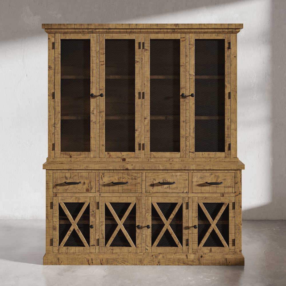 Telluride Rustic Farmhouse Solid Wood Sideboard Buffet Hutch with LED Lights