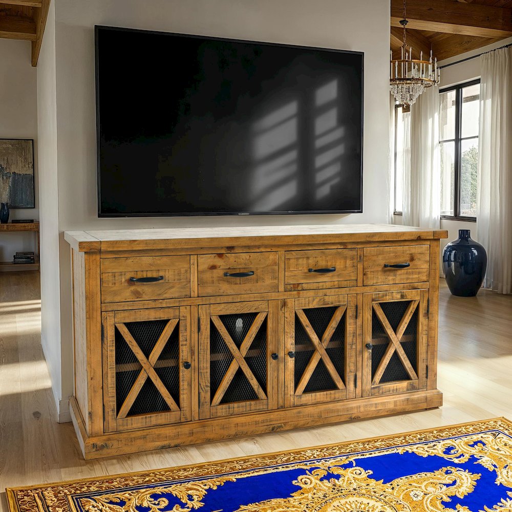 70" Rustic Distressed Solid Wood Farmhouse Four Drawer Sideboard Buffet Server