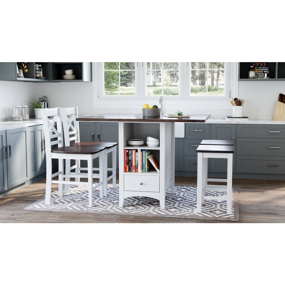 Solid Wood Farmhouse Storage Counter Drop Leaf Dining Table with Wine Rack