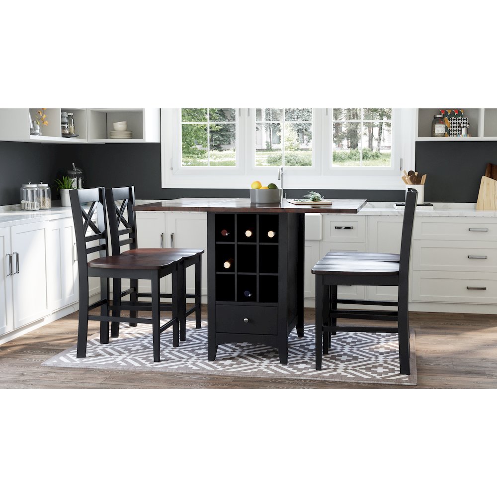 Solid Wood Farmhouse Storage Counter Drop Leaf Dining Table with Wine Rack