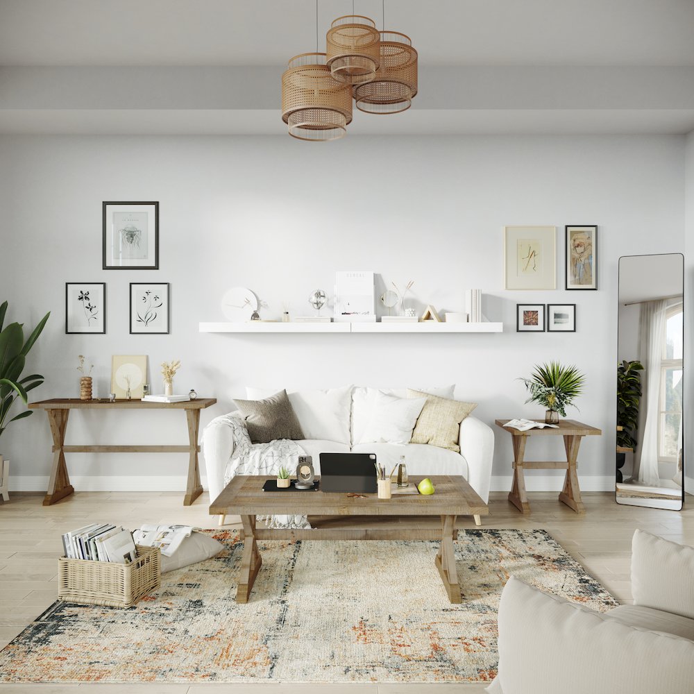 Carlyle Crossing Modern Rustic Distressed Solid Wood Coffee Table with Trestle