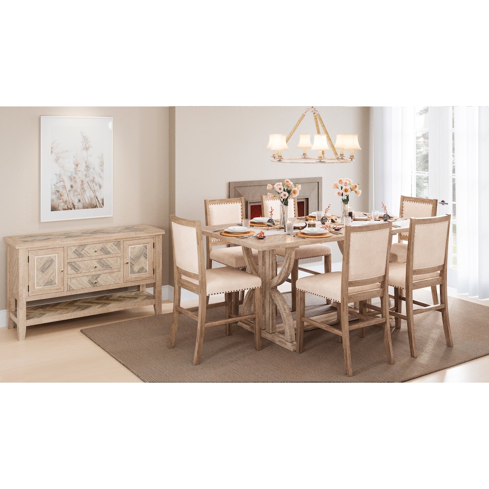 Modern Distressed 78" Seven-Piece Upholstered Counter Height Dining Set