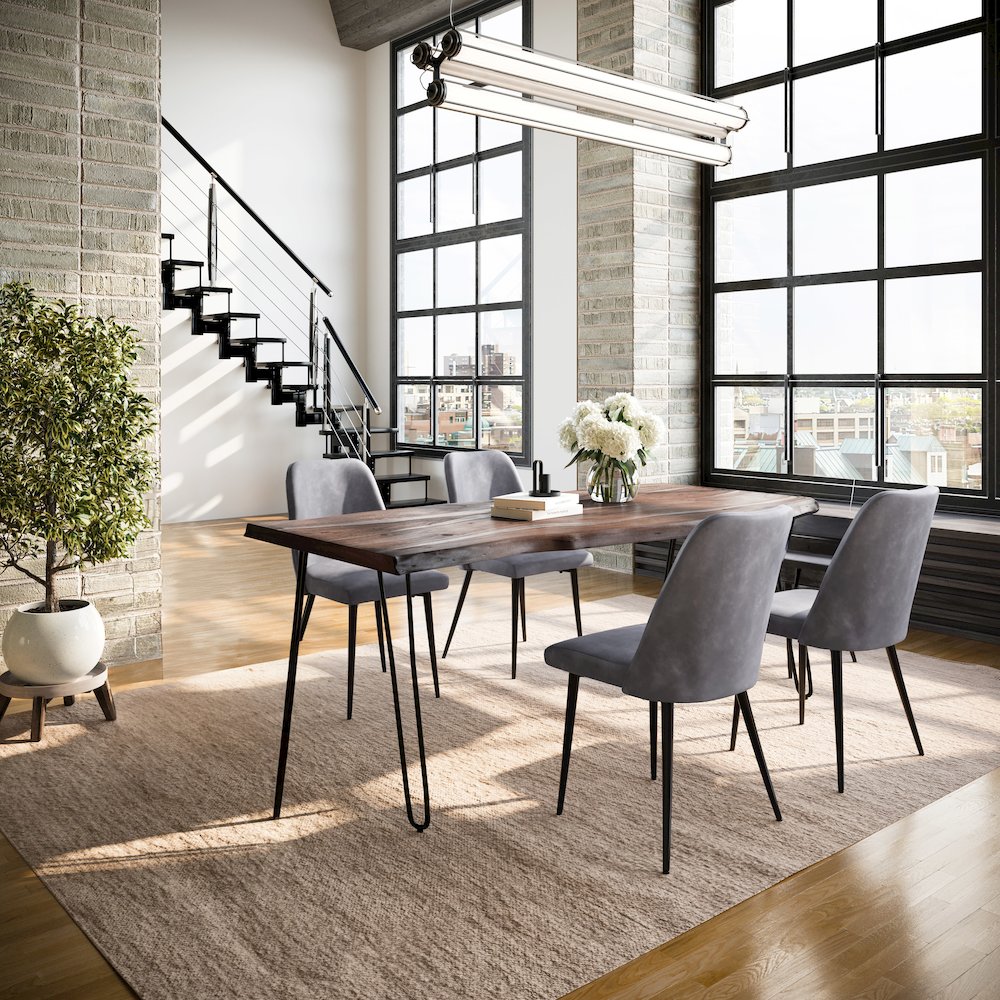 Five Piece Solid Acacia Dining Set with Upholstered Mid-Century Modern Chairs