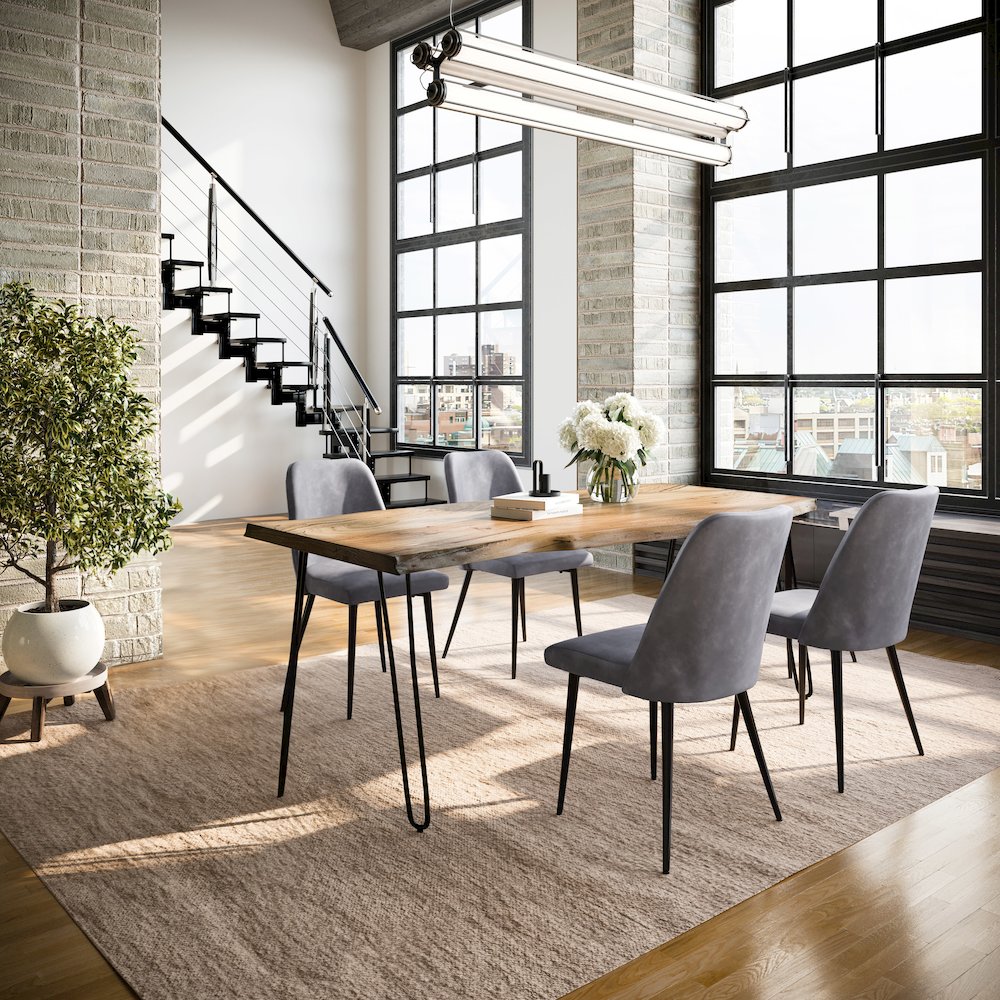 Five Piece Solid Acacia Dining Set with Upholstered Mid-Century Modern Chairs