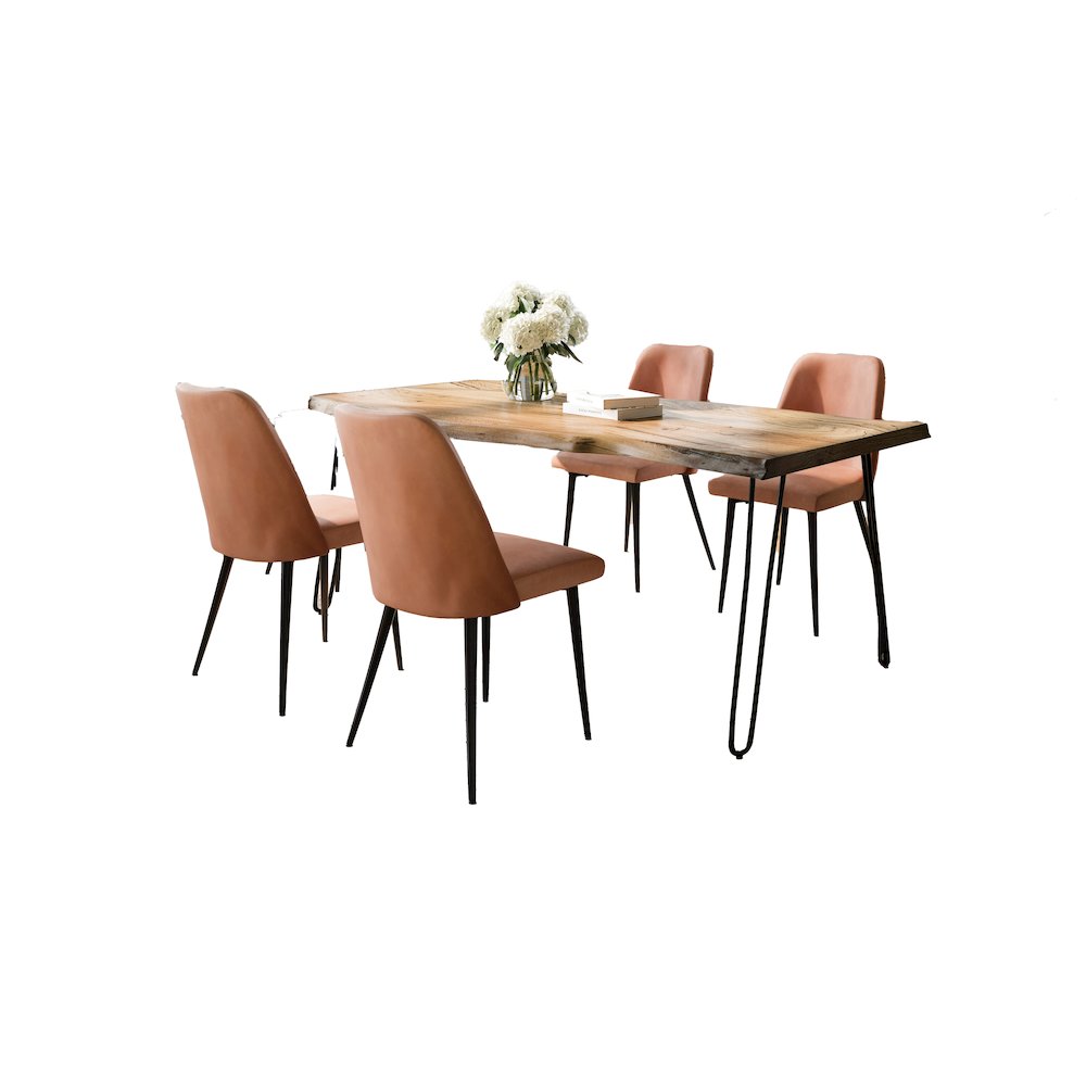 Five Piece Solid Acacia Dining Set with Upholstered Mid-Century Modern Chairs
