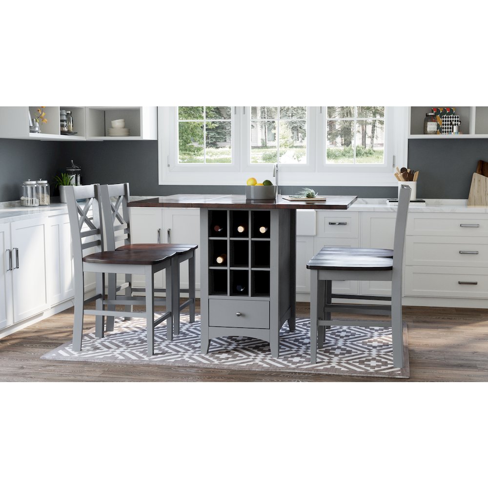 Solid Wood Farmhouse Storage Counter Drop Leaf Dining Table with Wine Rack