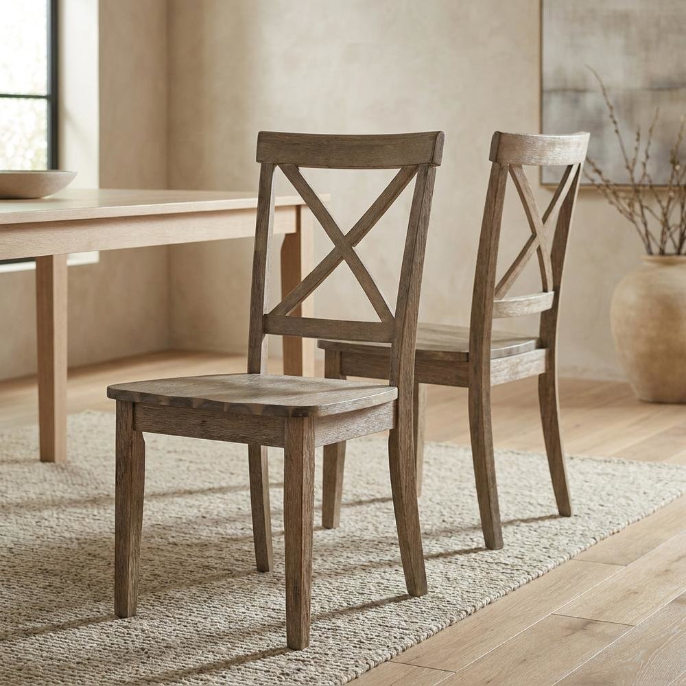 Acacia Veneer X-Back Dining Chairs, Wire-Brushed Coastal Wood, Brushed Bisque, Set of 2