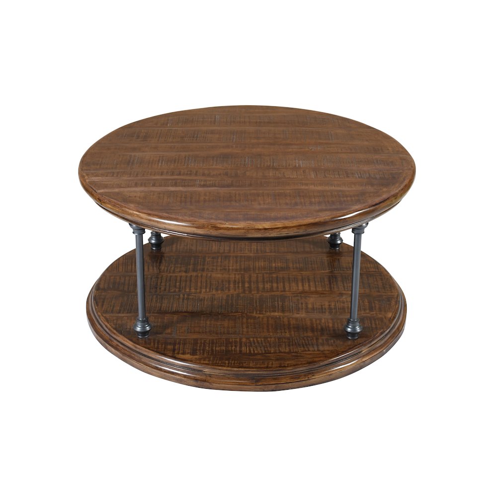 Larson Modern Industrial 36" Round Solid Wood Coffee Table with Shelf