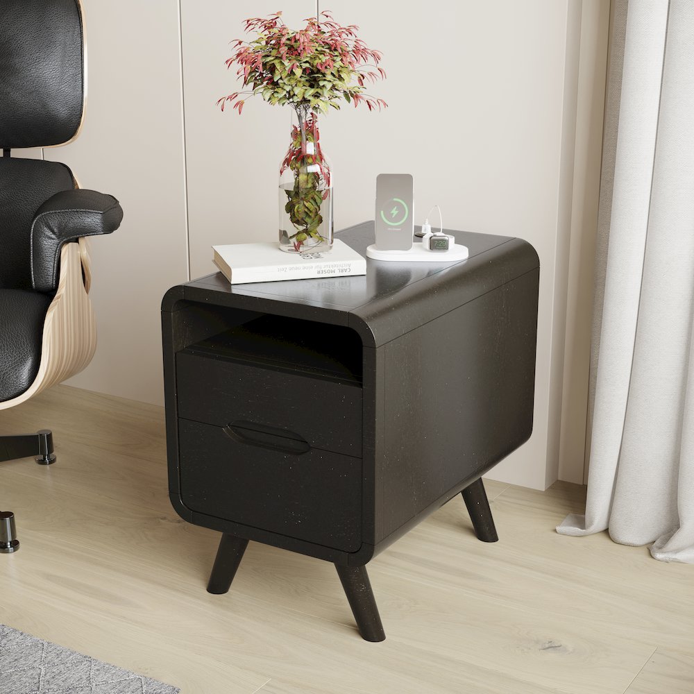 Mid-Century Modern USB Charging Curved Chairside End Table with Storage Drawers